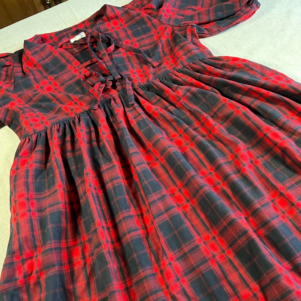 Womens ANNEWEAR Red Black Plaid Dress Puff Sleeve (Small)